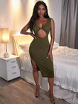 Women Cut Out Twist Front Ribbed Bodycon Dress