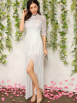 Lace Bodice Split Pleated Maxi Prom Dress