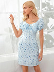 Women Ditsy Floral Ruched Bust Tie Front Milkmaid Dress