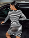 Women Striped Asymmetrical Hem Bodycon Dress