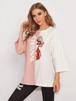 Women Chinese Opera and Letter Graphic Drop Shoulder Tee