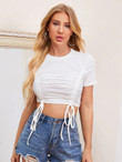 Women Ruched Drawstring Knot Crop Tee
