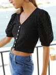 Women Button Front Eyelet Embroidered Puff Sleeve Crop Tee
