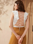 Ruffle Trim Lace Up Backless Lace Sheer Bodysuit Without Bra