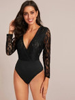 Contrast Lace Plunging Solid Bodysuit