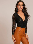 Contrast Lace Plunging Solid Bodysuit