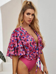 Plunging Neck Tie Front Bell Sleeve Floral Bodysuit