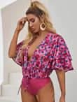 Plunging Neck Tie Front Bell Sleeve Floral Bodysuit