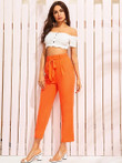 Neon Orange Pleated Detail Belted Tapered Pants