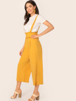 Women Frill Trim Covered Button Detail Pinafore Pants