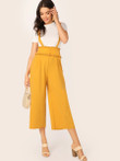 Women Frill Trim Covered Button Detail Pinafore Pants