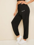 Women Drawstring Waist Letter Embroidered Pants