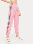 Women Drawstring Waist Rainbow Stripe Side Pants