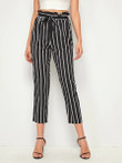 Women Paperbag Waist Tie Front Striped Tapered Pants
