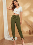 Women Solid Knot Hem Belted Tapered Pants