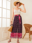 Women Ditsy Floral Print Belted Wide Leg Pants