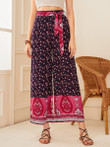 Women Ditsy Floral Print Belted Wide Leg Pants