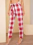 Gingham Print Tapered Pants With Belt