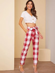 Gingham Print Tapered Pants With Belt