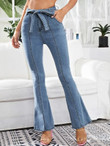 Women High Waist Belted Flare Leg Jeans