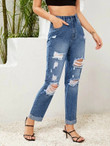 Women Ripped Detail Cuffed Jeans Without Belt
