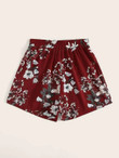Women Floral Print Elastic Waist Belted Shorts