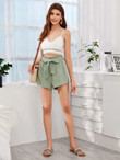Women Paperbag Waist Solid Belted Shorts