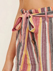 Women Paperbag Waist Self Belted Cuffed Striped Shorts