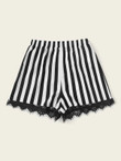 Women Eyelash Lace Hem Striped Shorts