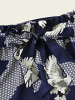Women Crane Bird & Graphic Paperbag Waist Belted Shorts