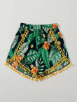 Women Tassel Trim Tropical Print Shorts
