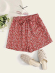Women Ditsy Floral Paperbag Waist Self Belted Shorts
