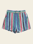 Women Buckle Belted Striped Shorts