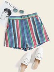 Women Buckle Belted Striped Shorts