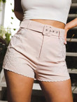 Women Scallop Hem Floral Embroidered Belted Shorts