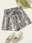 Women Snakeskin Print Paperbag Waist Belted Shorts