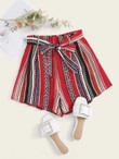 Women Striped & Tribal Print Belted Shorts