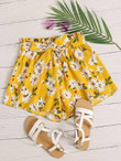 Women Daisy Floral Paperbag Waist Belted Shorts