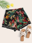 Women Tassel Hem Belted Tropical Shorts