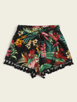 Women Tassel Hem Belted Tropical Shorts
