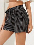Women Scallop Trim Striped Belted Shorts