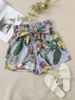 Women Botanical Print Paperbag Waist Belted Shorts