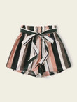 Women Block Striped Self Tie Paperbag Shorts