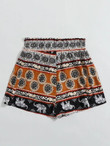 Women Aztec Print Belted Paperbag Waist Shorts