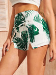 Women Lace Up Split Hem Tropical Print Shorts