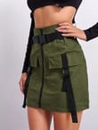 Women Zip Up Belted Patch Pocket Skirt