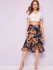 Asymmetrical Ruffle Trim Floral Print Belted Skirt