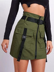 Women Zip Up Belted Patch Pocket Skirt