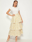Wide Waistband Polka Dot Lace Trim Layered Hem Skirt