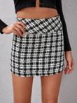 Women High Waist Zip Side Tweed Skirt